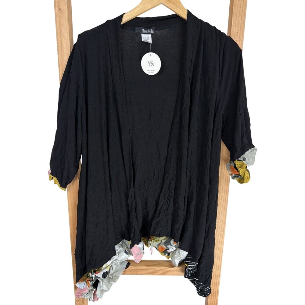 NWT Moonlight Black Multicolored Ruffle Crinkle Open Cardigan Size Small